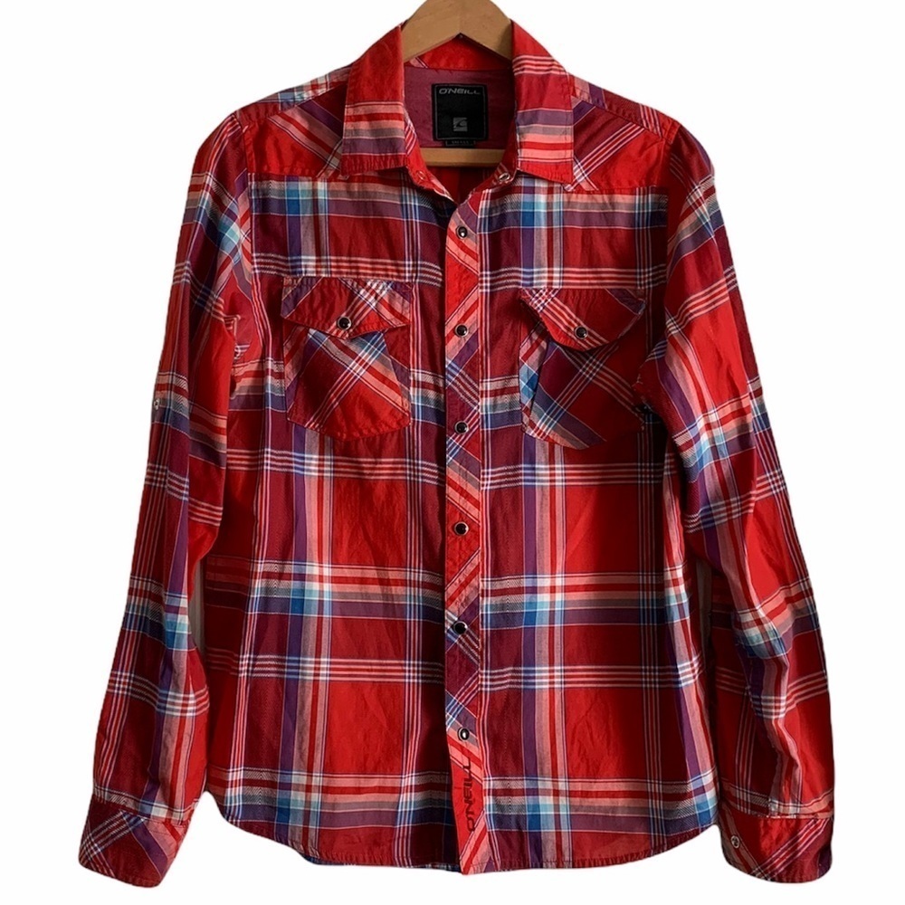 Oneill Women’s Plaid Red Pink Snap On Button Down Long Sleeve Shirt Size…